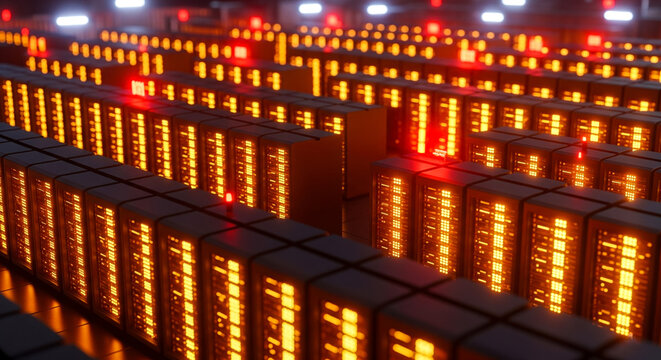 Big data technology background with server racks in data center, futuristic cloud computing concept showing network equipment for internet and information storage infrastructure