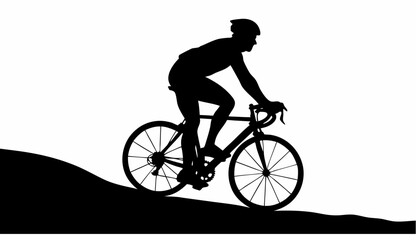 Obraz premium Silhouette of a cyclist riding uphill on a road bike against a white background showing determination and speed