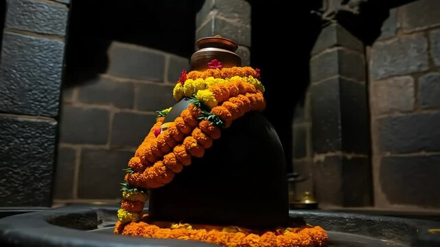 Ancient Stone Shiva Lingam Statue Adorned with Floral Garlands in a Dimly Lit Temple Interior Offers a Glimpse into Spiritual and Cultural Heritage