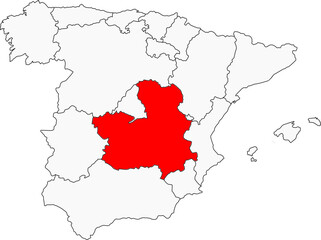 Map of Spain highlighting the autonomous community of Castile-La Mancha. Ideal for projects on Spanish literature, agriculture, wine, or the iconic windmills