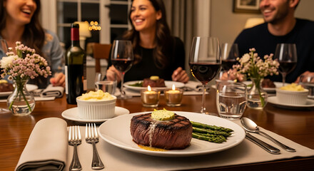 A beautifully arranged Elegant Dinner Table Setting with Steak, and Wine