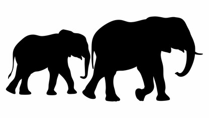 Fototapeta premium Silhouette depiction of a large elephant walking alongside a smaller elephant on a white background area