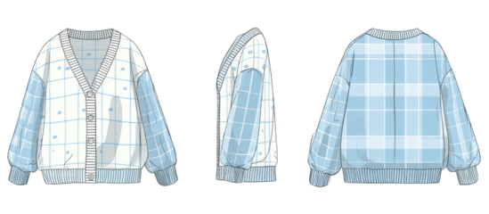 Light-blue and white checkered cardigan with v-neck and puffed sleeves