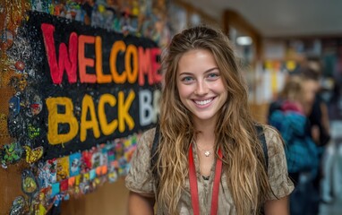 Naklejka premium Cheerful Female Teacher with Radiant Smile Welcoming Students Back to School under a 'Welcome Back' Sign, Back to School Concept