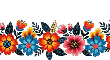 Colorful floral embroidery border design isolated on transparent background