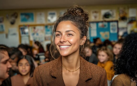Joyful young Hispanic female teacher smiles brightly in a classroom setting, radiating warmth and positivity for education