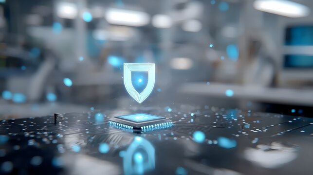 A futuristic microchip with a holographic shield symbol representing cybersecurity protection.