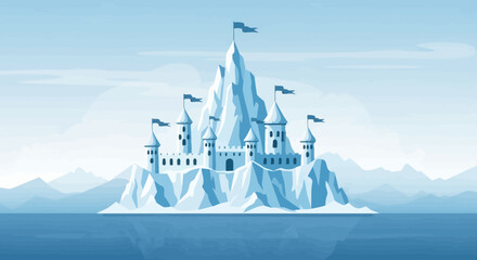 Majestic ice castle illustration with flags against blue skies and water background
