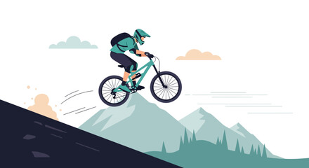 Mountain biker jumping on a trail with scenic mountain landscape background vector design