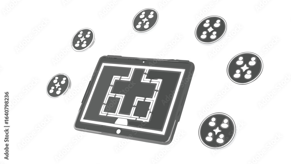 Aufkleber tablet showing a maze with team icons floating around it in a grayscale illustration style