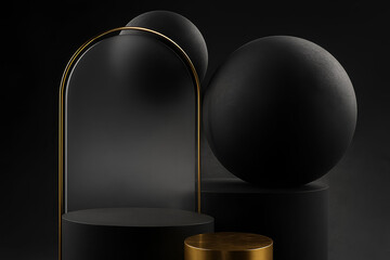 3D Black Podium Background, Abstract Product Display Stage with Premium Dark Photography and Perfect Lighting