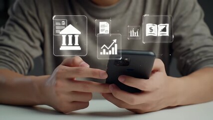 Hands Holding Smartphone with Financial Icons Overlay In Neutral Tone Background - Powered by Adobe