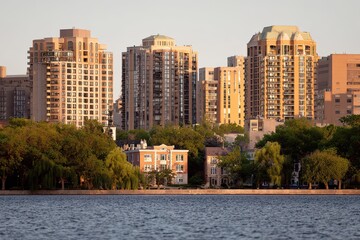 Urban Skyline with High-Rise Buildings and Green Trees by Water