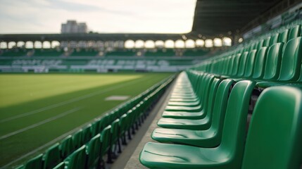 Obraz premium Empty Green Stadium Seating Rows: Awaiting Fans and Sporting Events with Field View