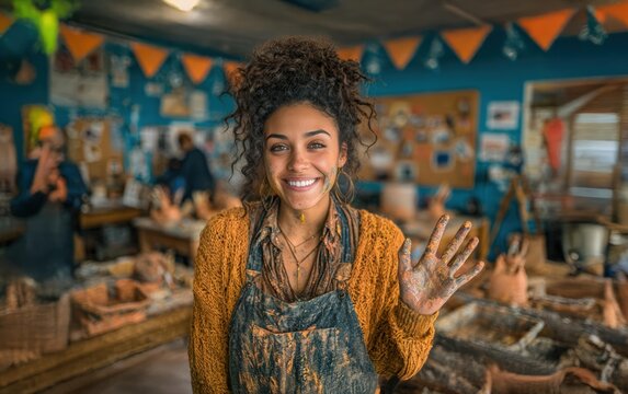Smiling Young Art Teacher Covered in Paint, Warm Colors in Studio, Hand Gesture, Creative Expression, Art Class, Artisan