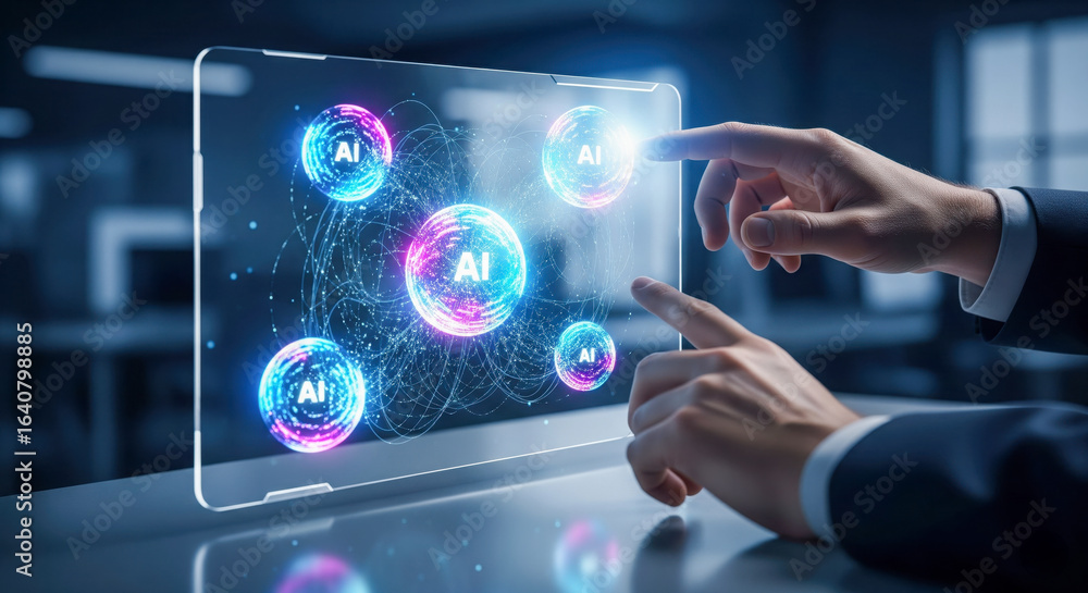 Poster artificial intelligence technology concept with hands touching futuristic screen, business innovatio