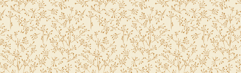 Obraz premium Seamless pattern featuring delicate floral branches on a light cream background. Elegant and minimalistic botanical design perfect for wallpapers, fabric prints, stationery, and home decor.