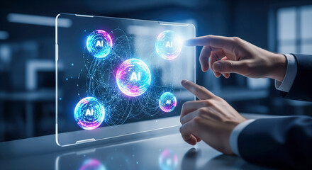 Fototapeta premium Artificial intelligence technology concept with hands touching futuristic screen, business innovation theme showing multiple ai icons for machine learning and neural network