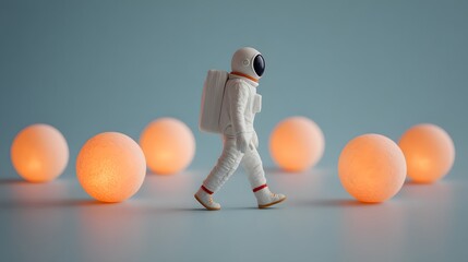 Miniature astronaut figurine walks past glowing orb-shaped lights.