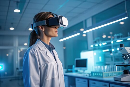 Scientist using virtual reality headset in a modern laboratory with advanced equipment and lighting