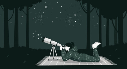Night Sky Gazing Woman Exploring Cosmos With Telescope In Forest