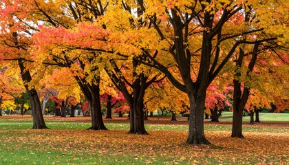 Naklejka premium Numerous trees with vibrant orange and yellow leaves stand in a park, some leaves scattered on the grassy ground.