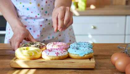 A close-up of a person's hands sprinkling colorful toppings over freshly glazed donuts arranged on a wooden board.