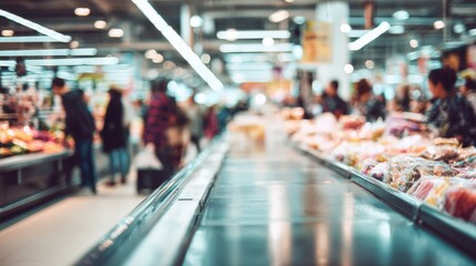 Obraz premium Blurred Supermarket Aisle with Fresh Produce and Shoppers, Reflecting Modern Consumerism and Retail Environment
