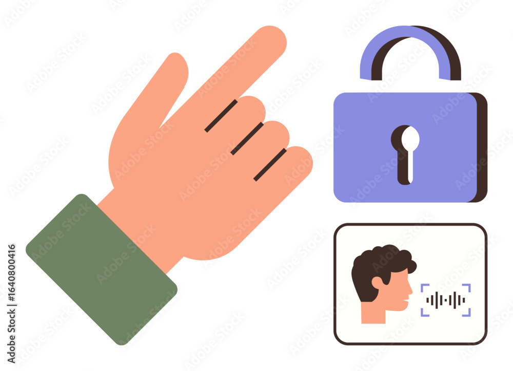 Poster hand pointing gesture with a purple padlock and face recognition element indicating biometric securi