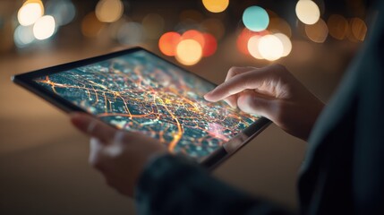 Tablet Displaying City Map at Night: Urban Navigation, Technology Interface, Modern Communication, and Digital Connectivity