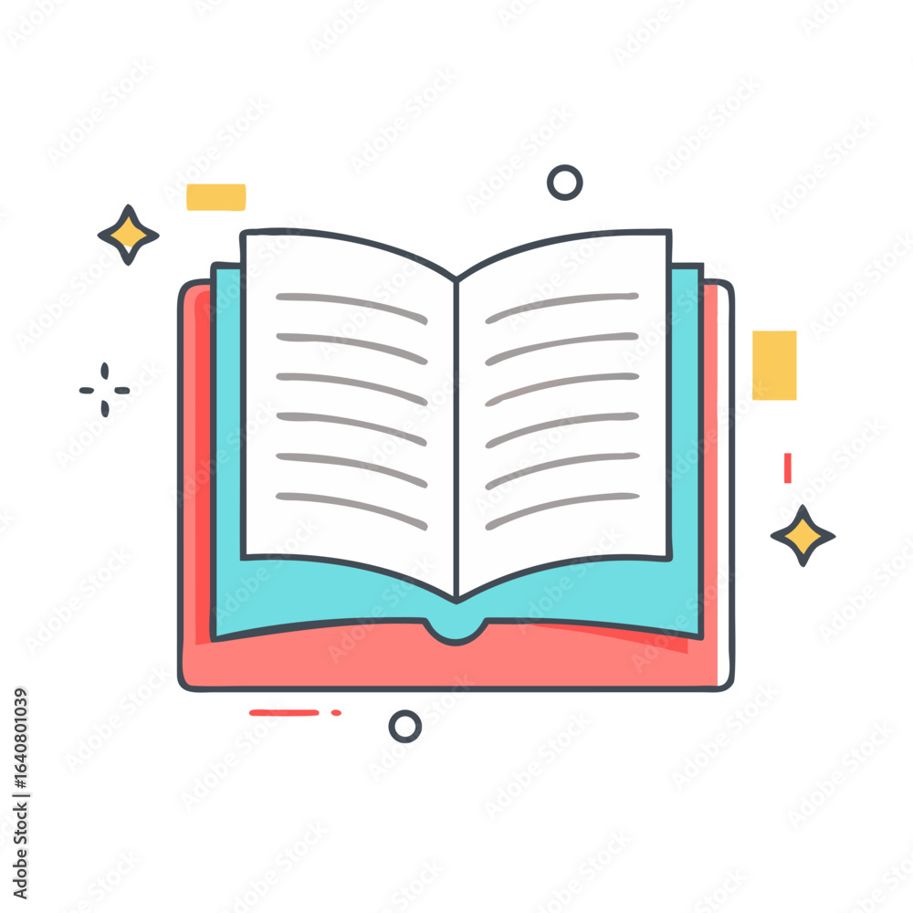Poster open book with turquoise and red binding, surrounded by abstract shapes