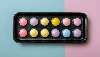 Colorful round candies in a black tray on pastel background