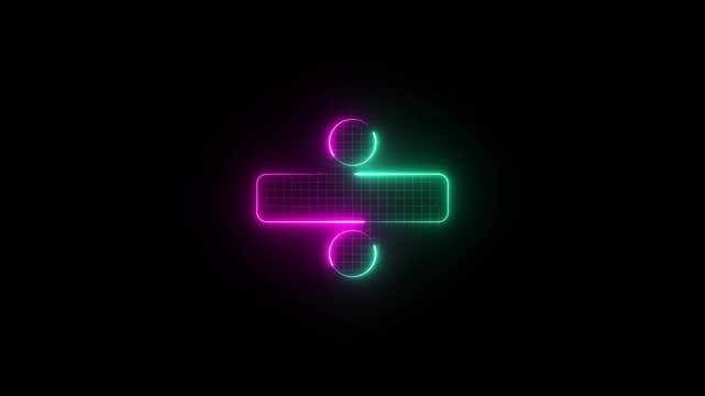 Neon glowing division symbol displayed on dark background, representing digital math icon, modern interface sign