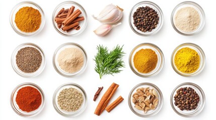 An array of vibrant spices is arranged neatly in bowls, featuring garlic, ginger, red paprika, and assorted herbs on a clean white background.