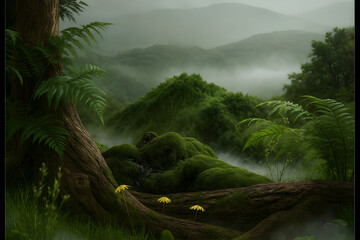 Green Smoky Moss Grass with Wooden Podium for Product Display, Lush Moss Covering Wood on Forest Floor, Natural Background