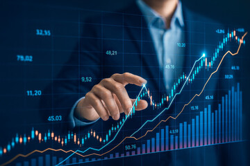 Hand of businessman interacting with virtual stock chart, visualizing positive trading results, financial analytics, economic management, blue finance background