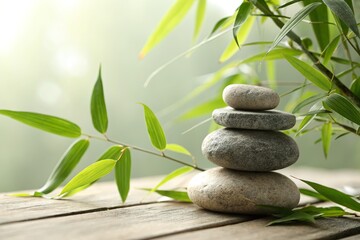 Tranquil Zen Garden Scene with Stacked Stones and Lush Green Bamboo Leaves in Soft Light