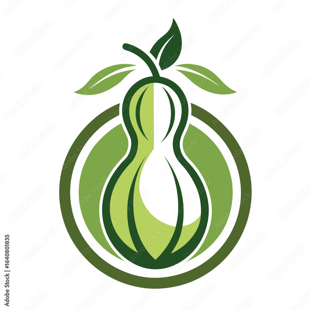 Poster abstract representation of a green pear design with leaves in a circular outline