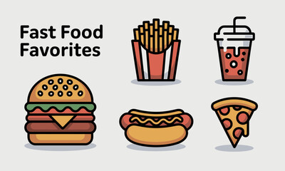 Colorful Flat Vector Fast Food Icons Featuring Burger, Fries, Hot Dog, Pizza Slice and Soda Cup — Playful Outline Illustrations for Menu Design, Restaurant Branding, Packaging and Social Media