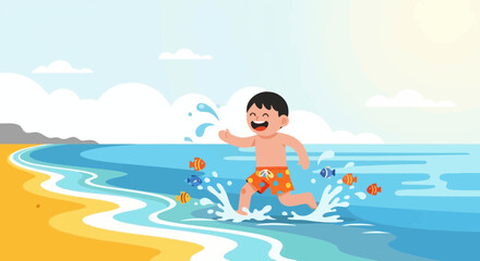 Joyful Boy Running on the Beach with Fish in a Summer Holiday Landscape Illustration