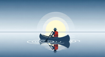 Man Paddling Canoe on Serene Lake at Sunset for Reflection and Water Ripples