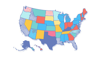 Colorful pop-art United States map with halftone textures and distinct state colors — stylized USA map illustration for infographics, presentations, education, marketing, data visualization
