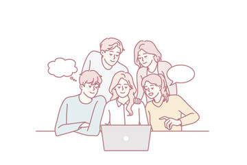 Diverse people group look at laptop screen brainstorm cooperate on project together. Smiling team collaborate work on computer, discussing ideas. Teamwork. Vector illustration.