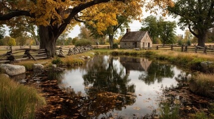 Autumn Reflection in a Pond Near a Stone House