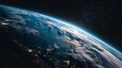 Obraz premium Stunning view of Earth showing blue oceans, swirling clouds and a starry dark background from space.