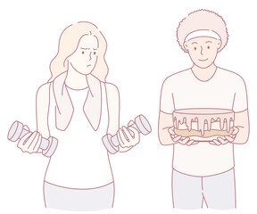 An illustration showing the contrast between fitness and indulgence, highlighting lifestyle choices.