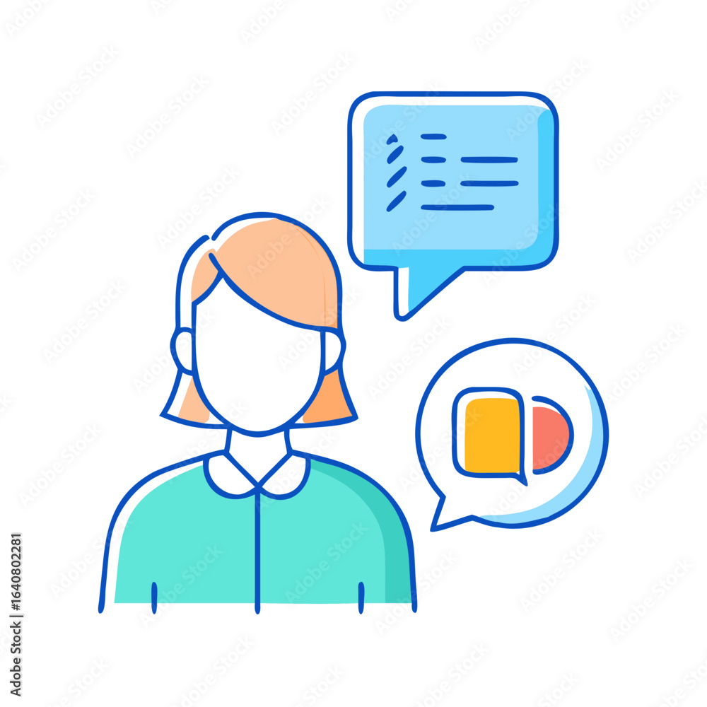 Poster a stylized image representing communication and interaction with speech bubbles and avatar