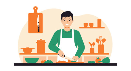 Fototapeta premium Man preparing food in the kitchen illustration flat vector design with vibrant colors and cheerful expression creates a cozy atmosphere