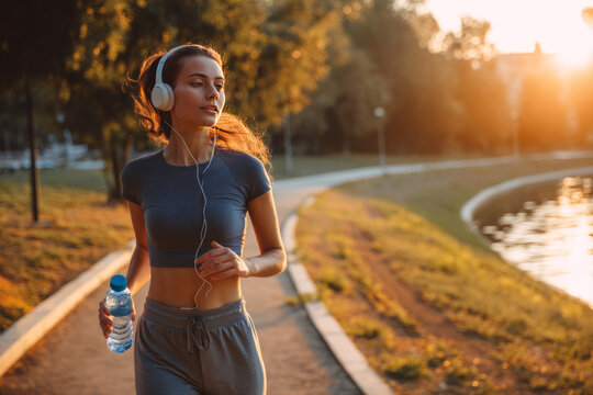 Early evening at a city park with running trails A young woman is jogging with headphones on and a water bottle nearby - Powered by Adobe