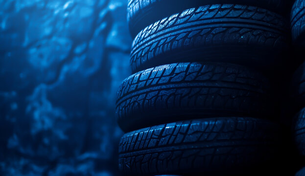 Stack of worn car tires in dark blue moody lighting